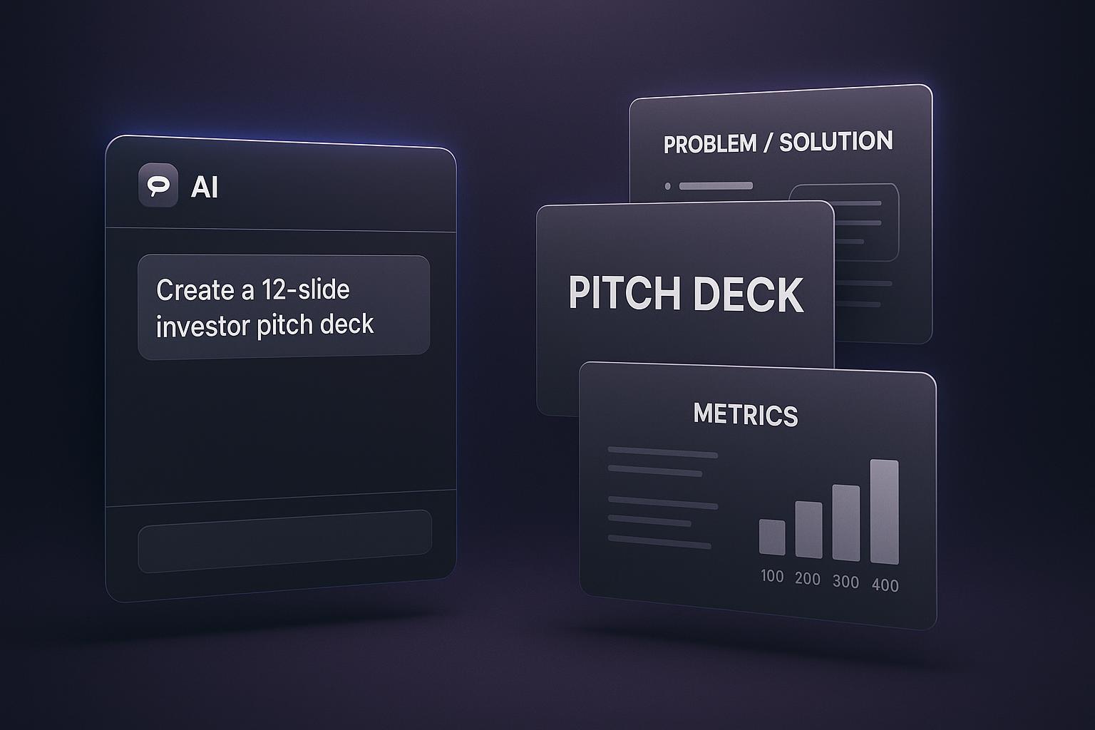 Workflow создания pitch deck в Stone AI: промпт в чате слева, готовые слайды справа